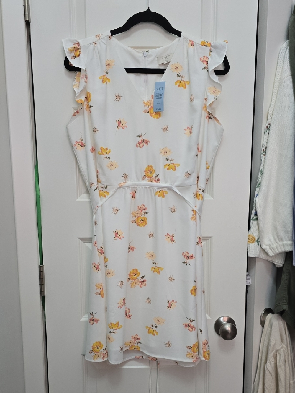 LOFT White Floral Tie-Waist Flutter Sleeve Dress